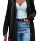 Black Horizontal Rib Knitted Open Front Hooded Cardigan