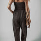 Black Spaghetti Straps Shirred Bodice Pocketed Wide Leg Jumpsuit