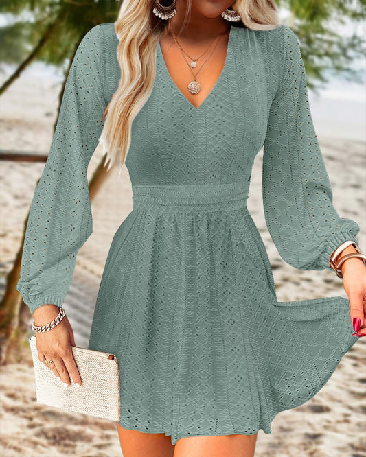 V Neck Hollow out Ruched Knit A Line Dress Lantern Sleeve Casual Dress