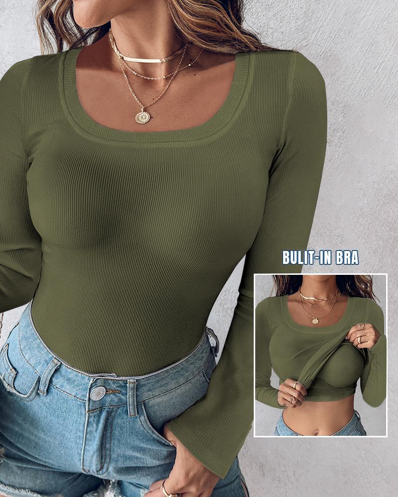 U Neck Built in Bra Long Sleeve Ribbed Top