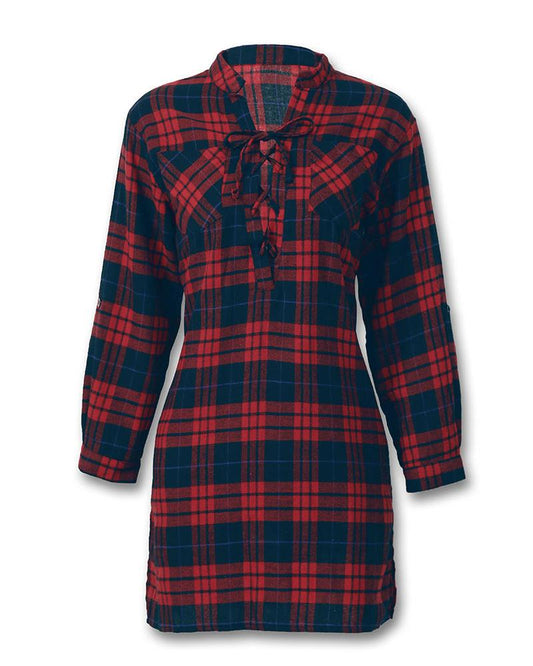 Plaid Print Lace Up Front Slit Shirt Dress