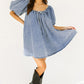 Myosotis Bubble Sleeve Square Neck Denim Babydoll Dress