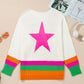 White Star Pattern Colorblock Striped Edge Drop Shoulder Sweater