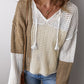 Brown Colorblock Hollow-out Front Tie V Neck Lightweight Sweater