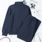 Navy Blue Solid Color Collared Sweatshirt and High Waist Pants Set