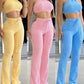 2 Piece Waffle Knit Halter Backless Crop Top High Waisted Drawstring Wide Leg Casual Pants Set