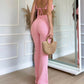 2 Piece Waffle Knit Halter Backless Crop Top High Waisted Drawstring Wide Leg Casual Pants Set