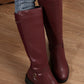 Burgundy Side Zipper Knee High Chunky Low Heel Boots