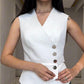 2PCS Button Decor Vest Crop Top & Colorblock Straight Leg Pants Set