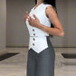 2PCS Button Decor Vest Crop Top & Colorblock Straight Leg Pants Set