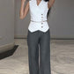 2PCS Button Decor Vest Crop Top & Colorblock Straight Leg Pants Set