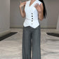 2PCS Button Decor Vest Crop Top & Colorblock Straight Leg Pants Set