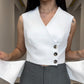 2PCS Button Decor Vest Crop Top & Colorblock Straight Leg Pants Set