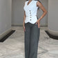 2PCS Button Decor Vest Crop Top & Colorblock Straight Leg Pants Set