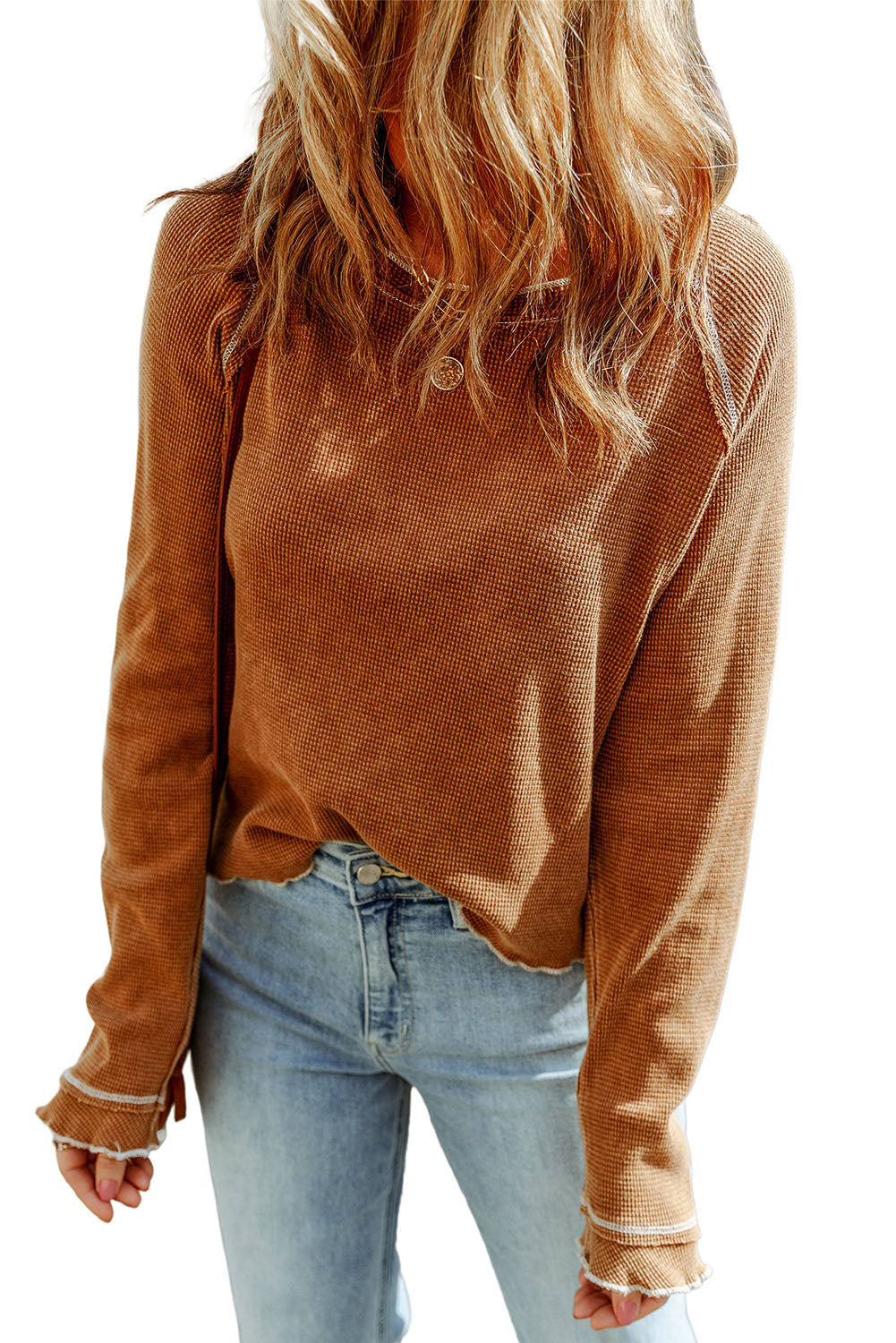 Brown Textured Round Neck Long Sleeve Top