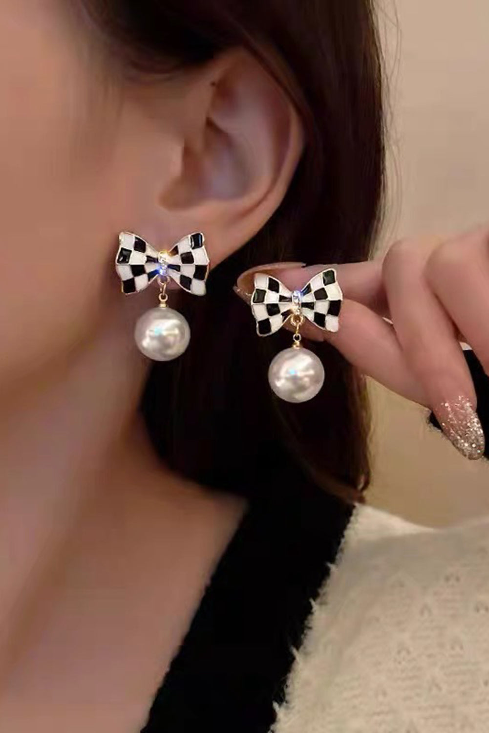 Black Checkered Bow Knot Pearl Pendant Stud Earrings