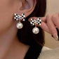 Black Checkered Bow Knot Pearl Pendant Stud Earrings