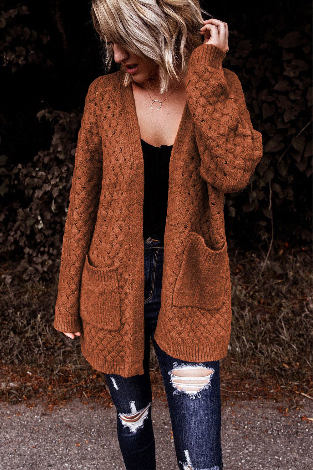 Brown Open Front Woven Texture Knitted Cardigan with Pockets