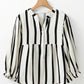 Black Stripe Crinckled Ruffled Sleeve Button up Loose Shirt