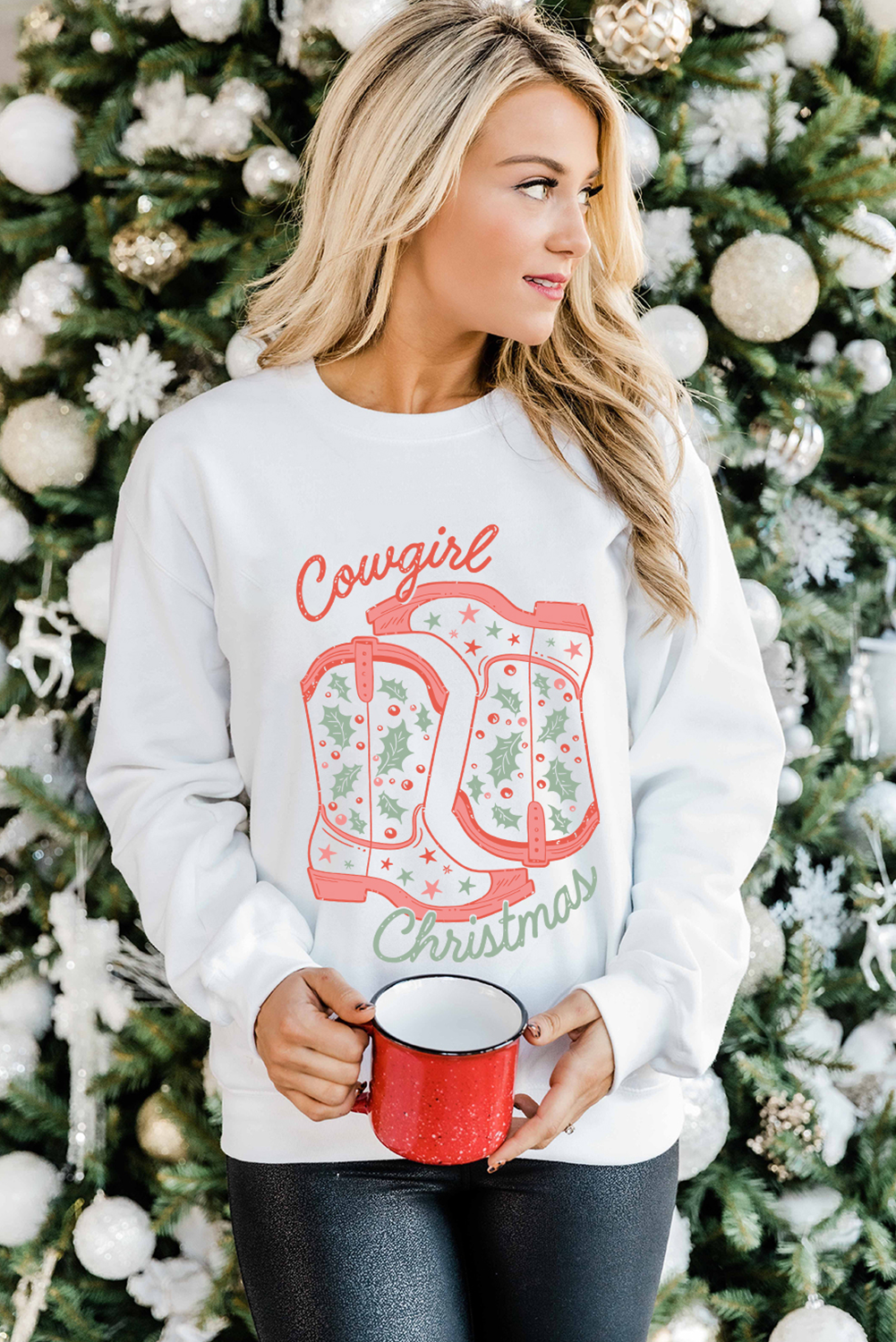 White Cowgirl Boots Christmas Graphic Crewneck Sweatshirt