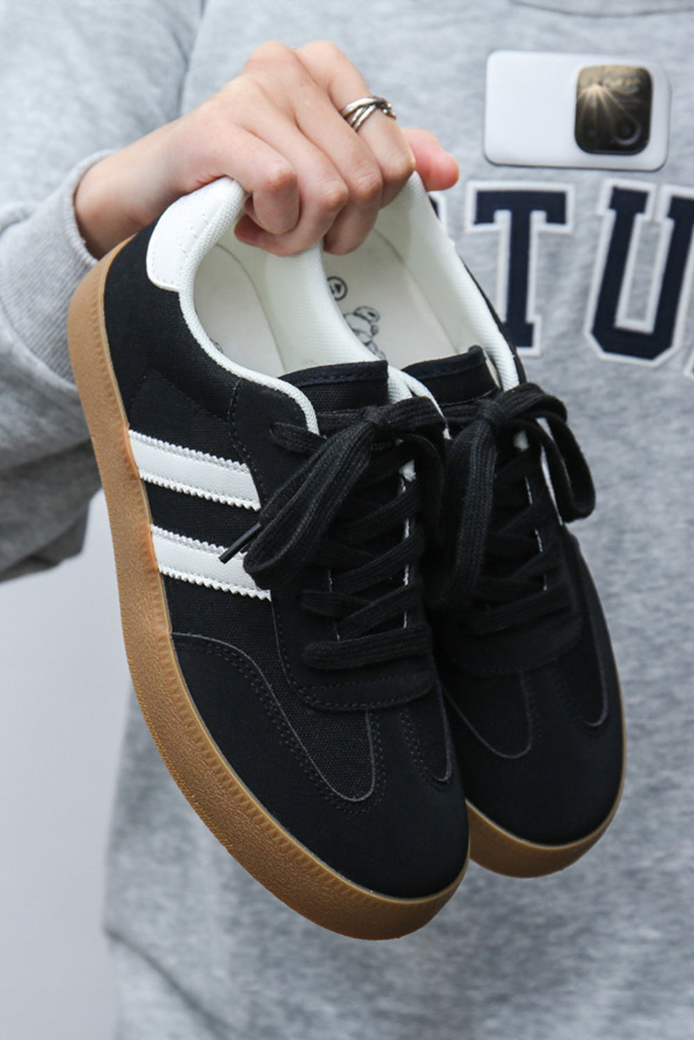 Black Striped Lace-up Flat Sneakers