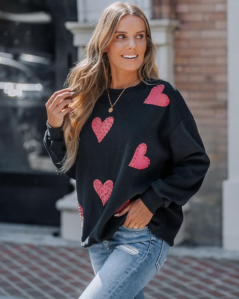 Heart Print Long Sleeve Rhinestone Decor Sweatshirt