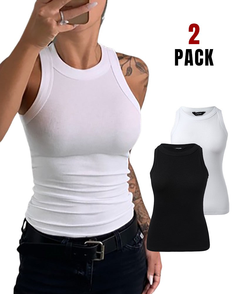 2 Pack Round Neck Thick Strap Racerback Ribbed Tank Slim Fit Tops without Bra Pads