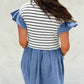 Black Stripe Ruffle Denim Patchwork Round Neck Mini Dress