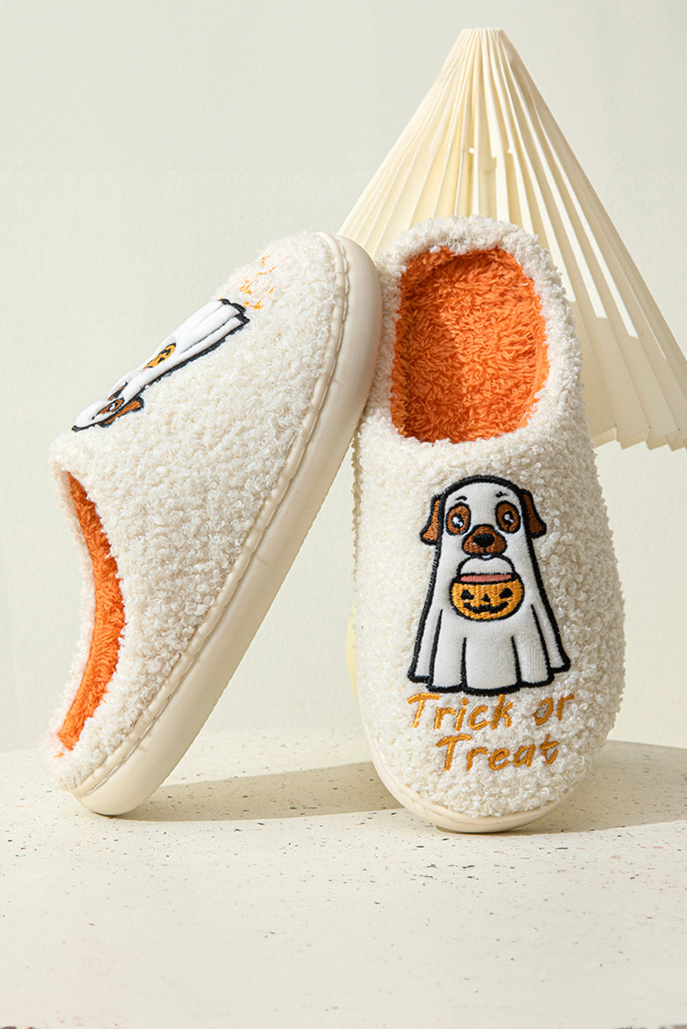 White Cute Ghost Trick Or Treat Pattern Plush Winter Home Slippers