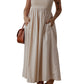 Beige Scoop Neck Ribbed Bodice Pleated Sleeveless Long Dress