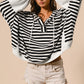 Black white Oversized Striped Henley Buttons Dolman Sleeve Hooded Top