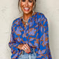 Blue Floral Print Batwing Sleeve Buttoned Loose Fit Shirt