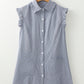 Blue Stripe Frilled Sleeveless Collar Front Pocket Button Up Mini Dress