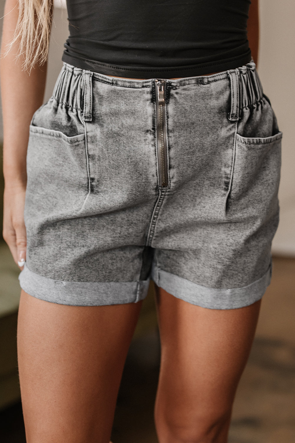 Gray Zipped Light Wash Cuffed Edge Denim Shorts