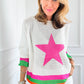 White Star Pattern Colorblock Striped Edge Drop Shoulder Sweater