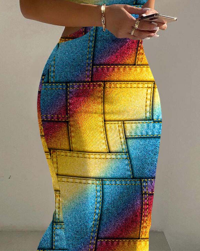 Denim Look Print Rainbow Ombre Cutout Bodycon Dress