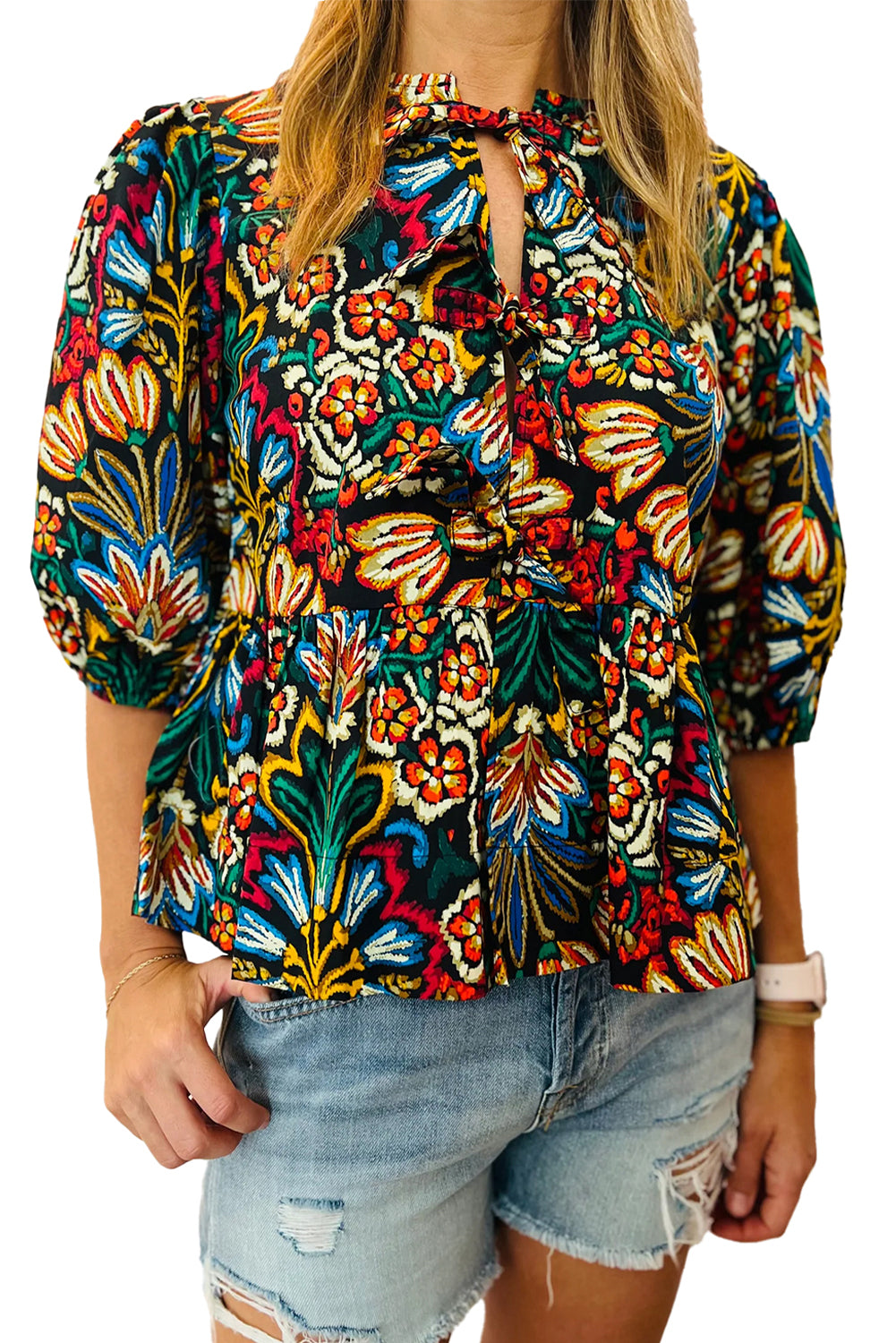 Black Tropical Print Bubble Sleeve Knot Front Blouse