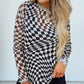 Black Checkered Pattern Mesh Mock Neck Long Sleeve Top