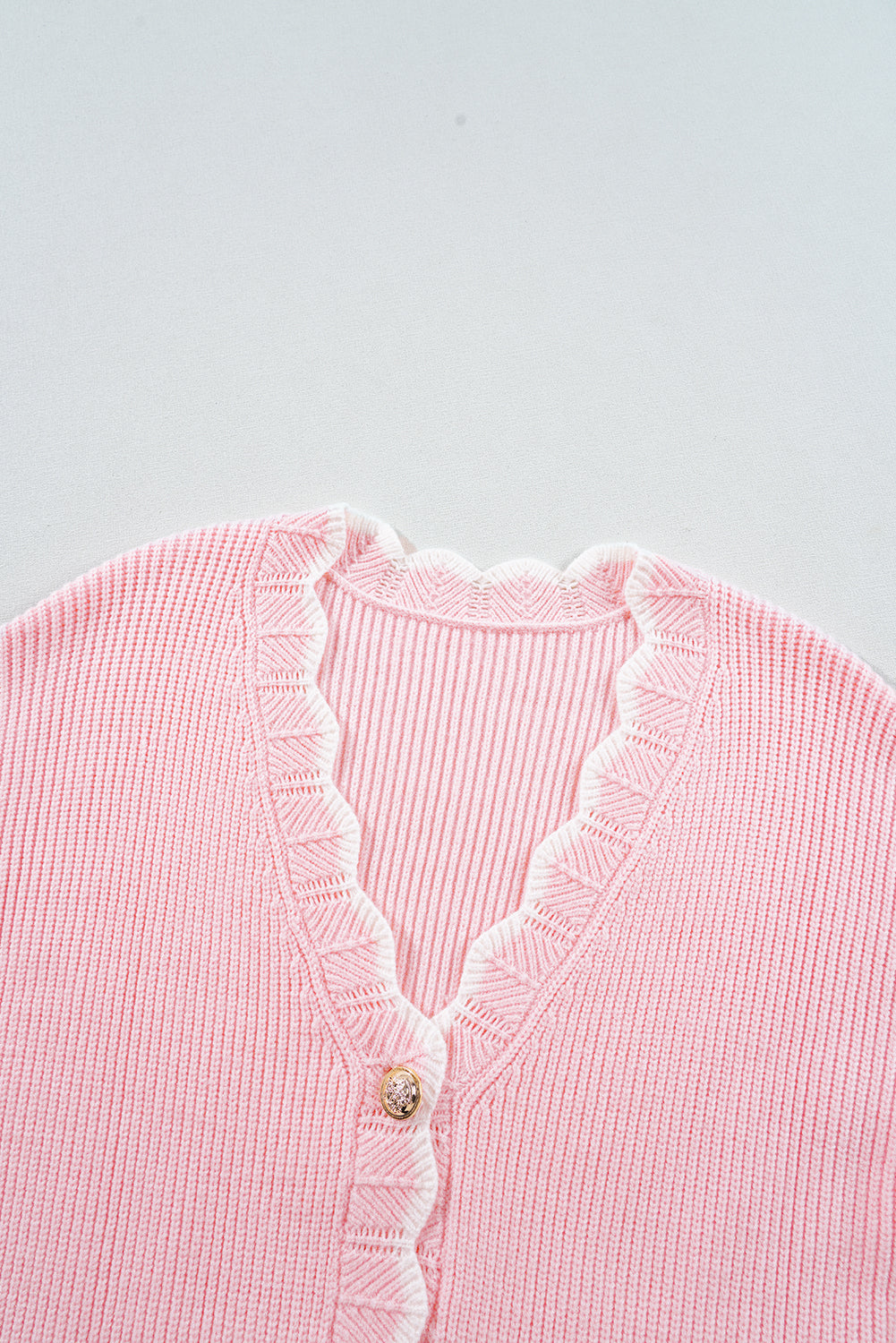 Pink Ribbed Knit Scalloped Edge Side Pockets Buttoned Cardigan