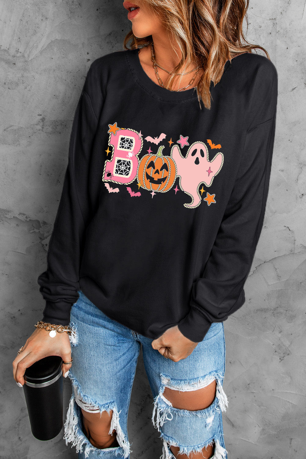 Black BOO Pumpkin Ghost Print Crew Neck Halloween Sweatshirt