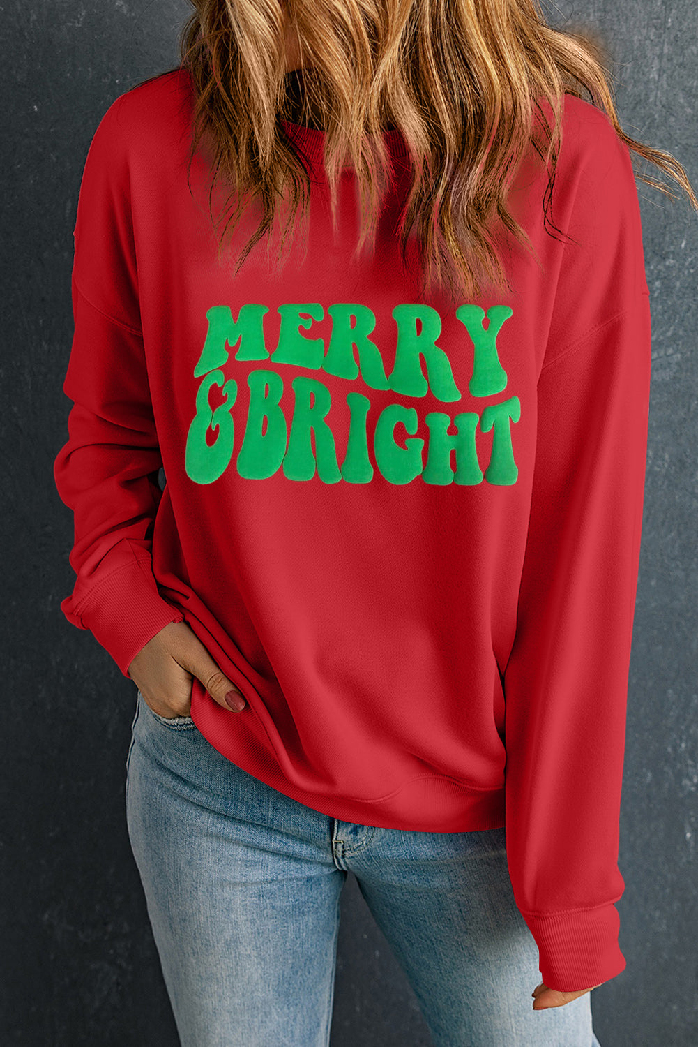 Red MERRY & BRIGHT Drop Shoulder Crewneck Sweatshirt