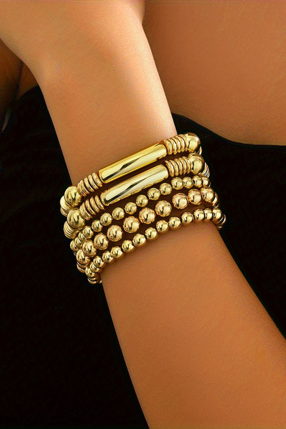 Gold Layered Plated Alloy Beaded Elastic Bracelet Set