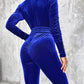 Velvet Zipper Design Ruched Long Sleeve Jumpsuit With Elastic Waistbelt