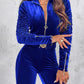 Velvet Zipper Design Ruched Long Sleeve Jumpsuit With Elastic Waistbelt