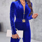 Velvet Zipper Design Ruched Long Sleeve Jumpsuit With Elastic Waistbelt