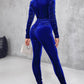 Velvet Zipper Design Ruched Long Sleeve Jumpsuit With Elastic Waistbelt