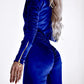 Velvet Zipper Design Ruched Long Sleeve Jumpsuit With Elastic Waistbelt