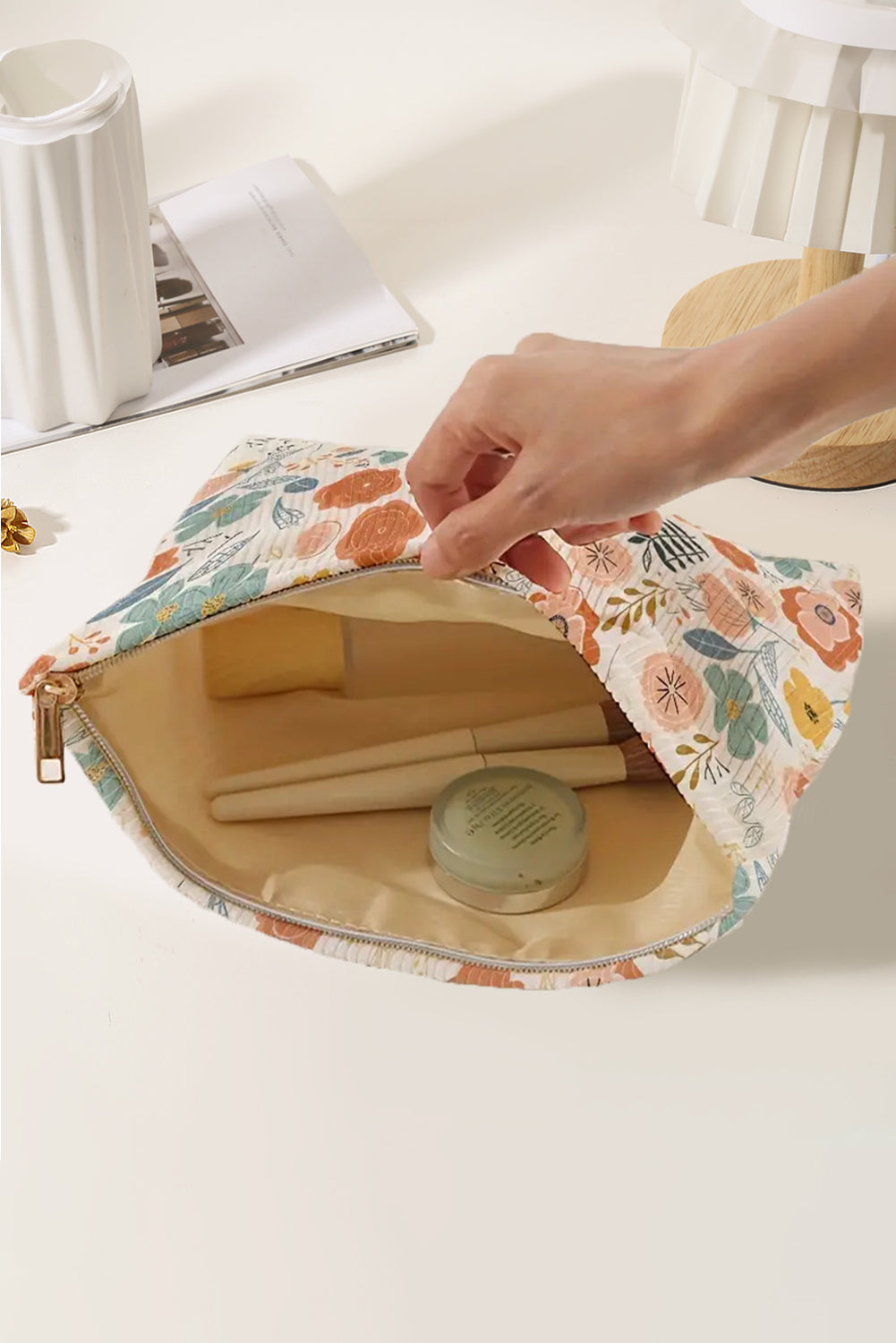 White Floral Print Zipper Corduroy Cosmetic Storage Bag