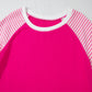 Strawberry Pink Striped Patchwork Crew Neck Raglan Sleeve Top