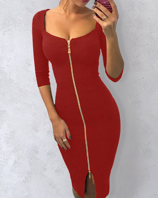 Square Neck Half Sleeve Full Front Zip Split Slim Fit Bodycon Dress